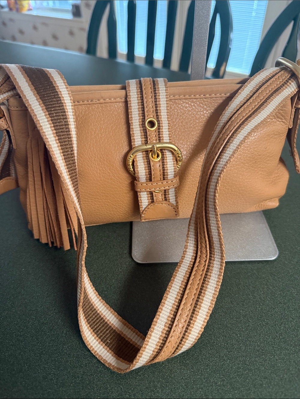 The Sak Tan Leather Shoulder Bag with Striped Strap and Tassel EUC - Picture 2 of 9